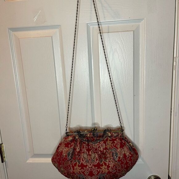 Braciano hand Bag Brass frame &Handle Kiss Lock Red & gold fabric beaded accent - Picture 4 of 9